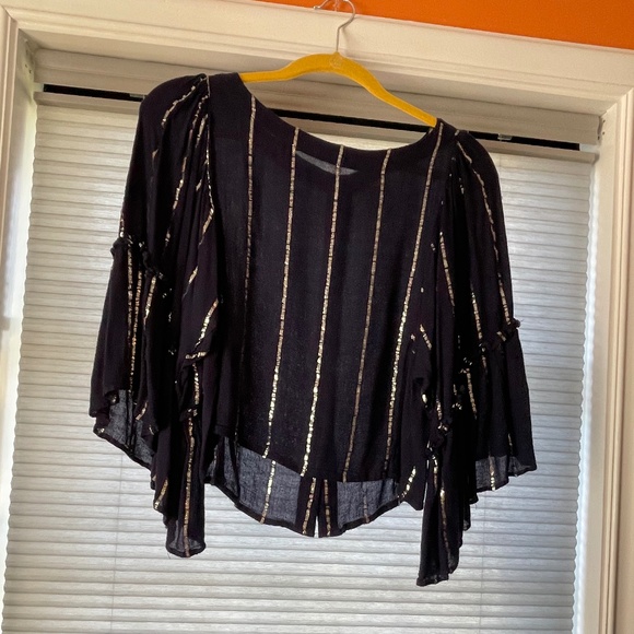 Anthropologie Floreat Women Emelyn Blouse Flutter Sleeve Top Silver Stripe Navy - Picture 5 of 8